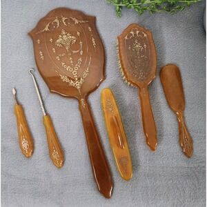 Antique Bakelite Grooming Set Brush Mirror Hook Natural Bristles Amber 6‎ Pc